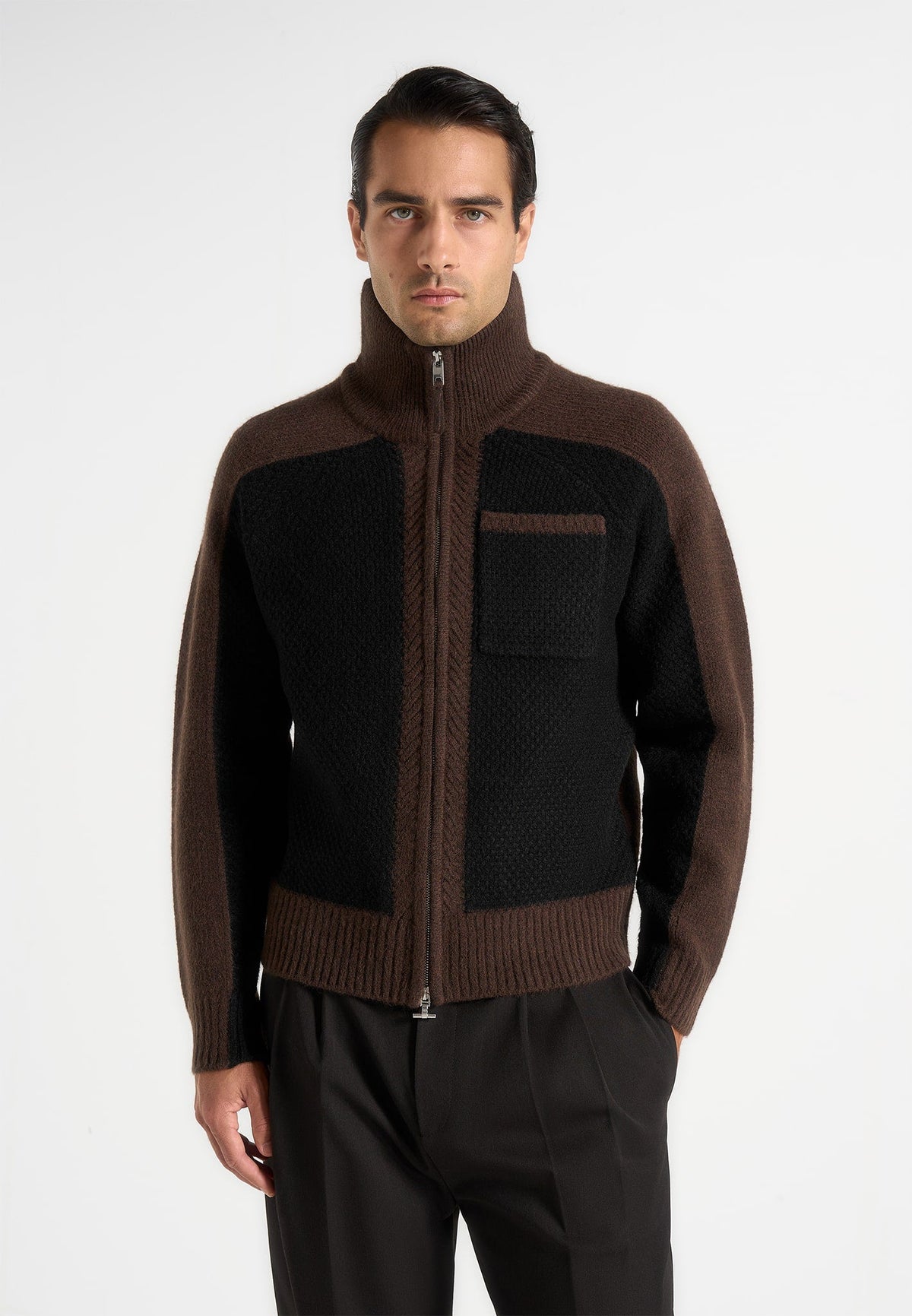 rene-colour-block-zip-through-cardigan-black-brown