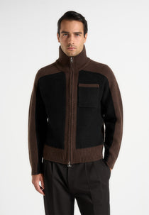 Rene - Colour Block Zip Through Cardigan - Black/Brown