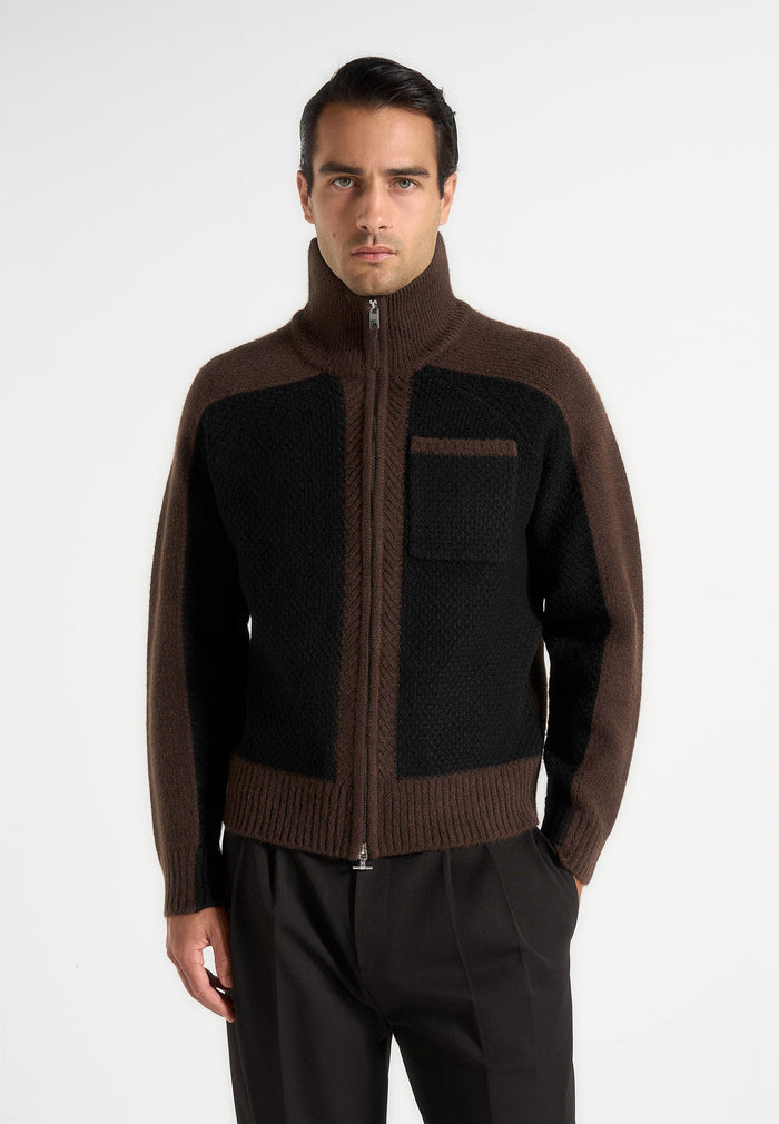 Rene - Colour Block Zip Through Cardigan - Black/Brown