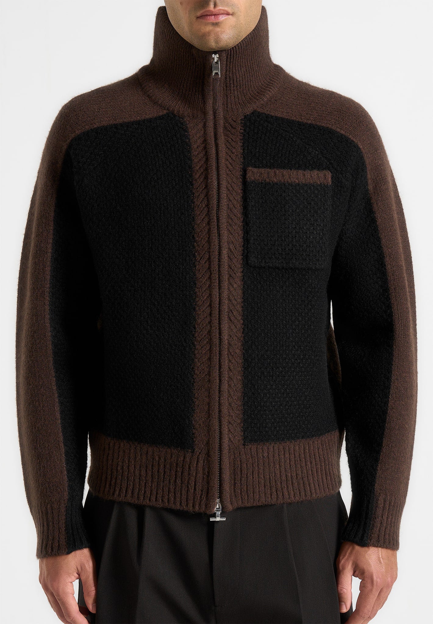 Rene - Colour Block Zip Through Cardigan - Black/Brown