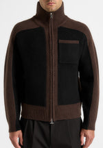 Rene - Colour Block Zip Through Cardigan - Black/Brown