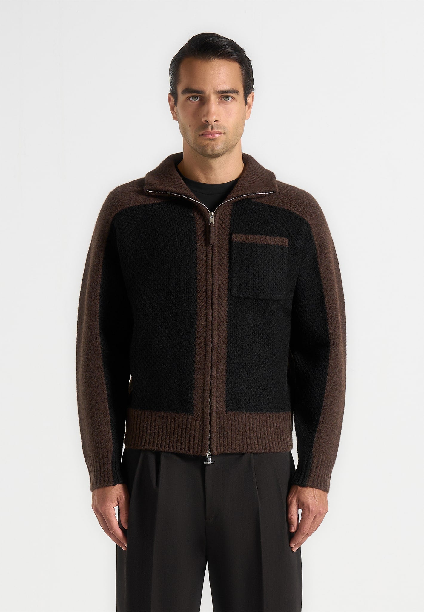 Rene - Colour Block Zip Through Cardigan - Black/Brown