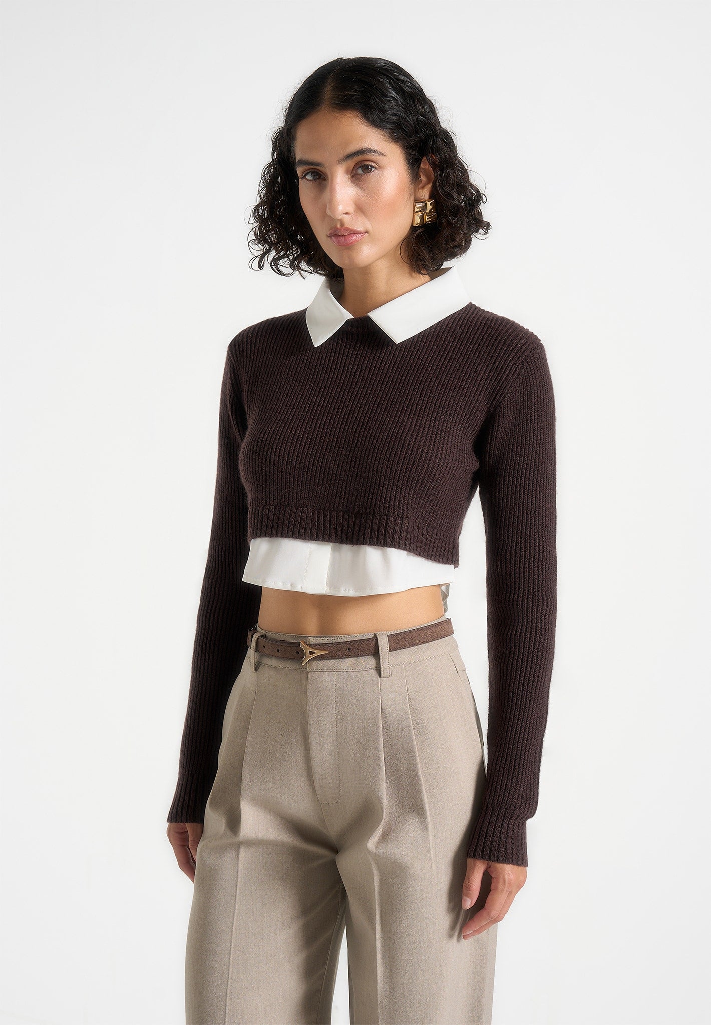 Flavie - Knitted Jumper With Shirt Detail - Brown 