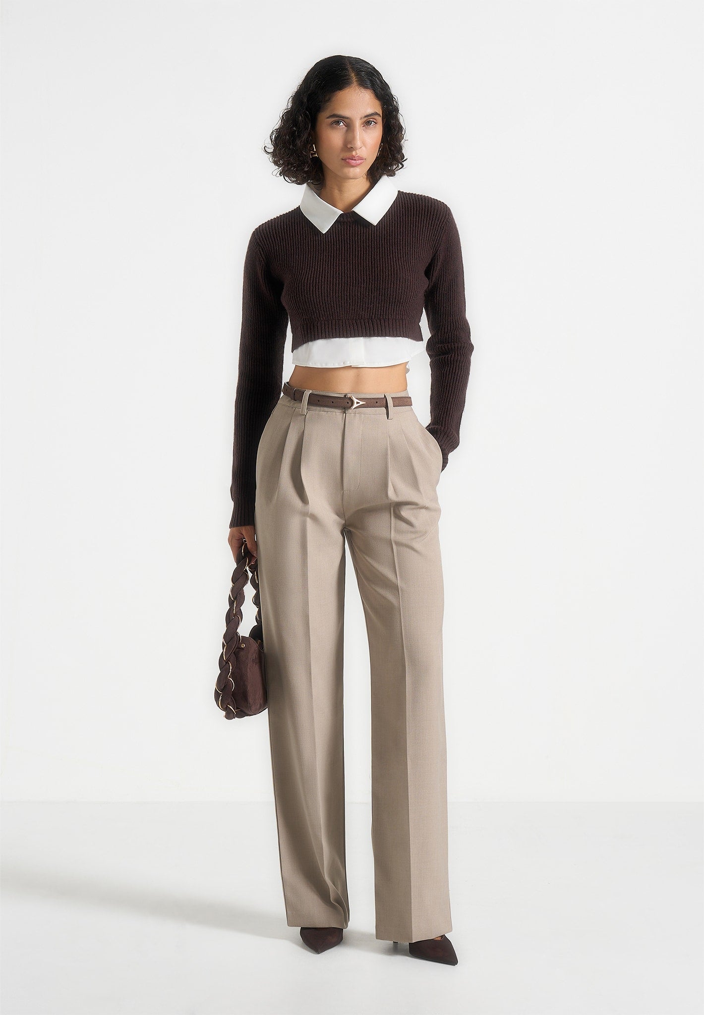 Flavie - Knitted Jumper With Shirt Detail - Brown 