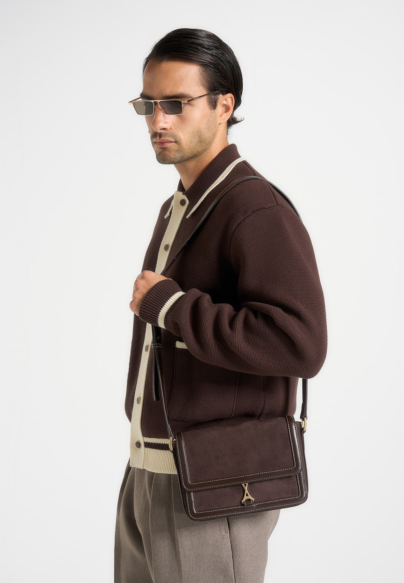 Misha - Suede & Leather Crossbody Bag - Brown 