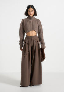 Flora - Box Pleat Wide Leg Belted Trousers - Brown