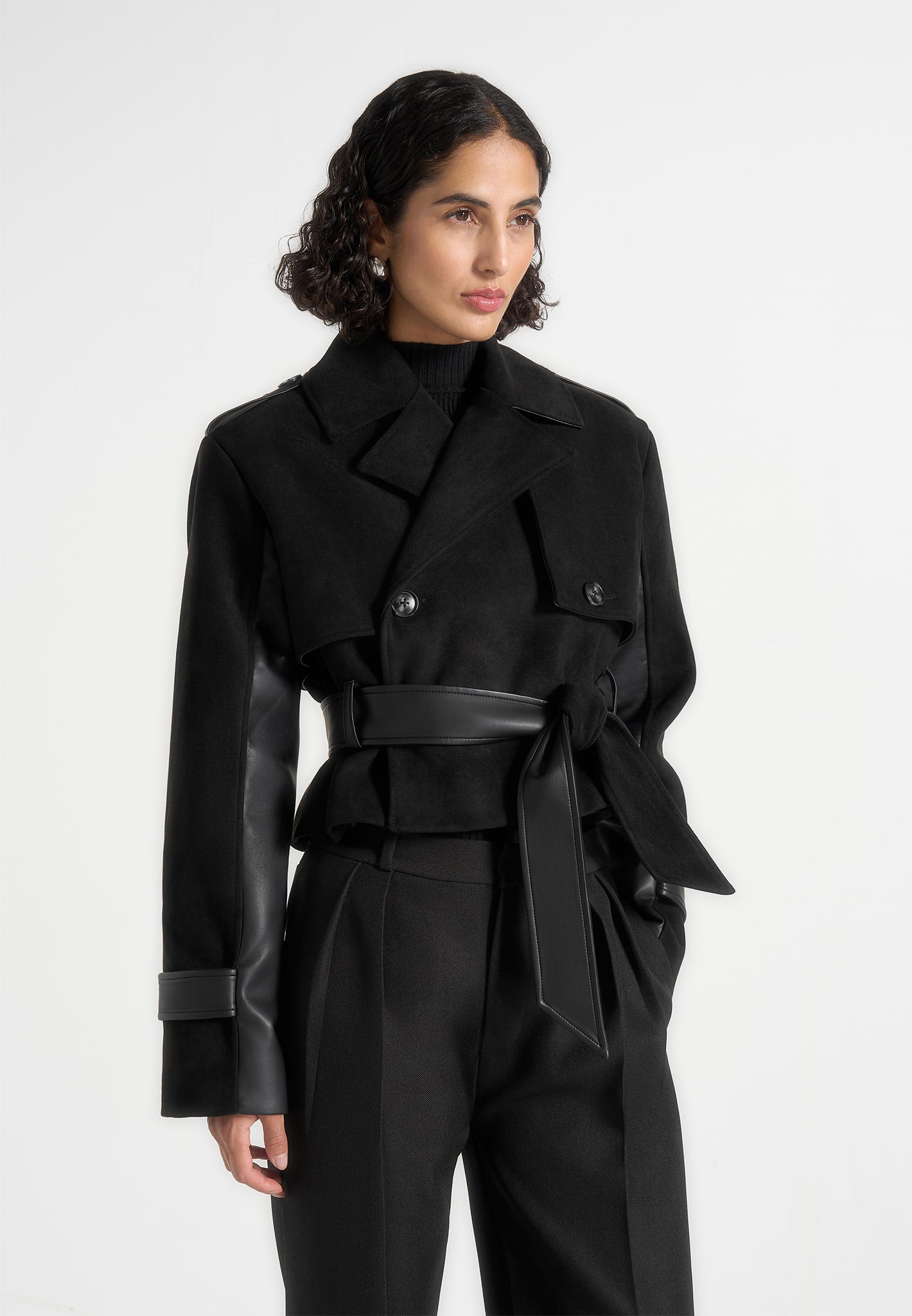 Lelia - Cropped Suede Trench Coat With Belt - Black 