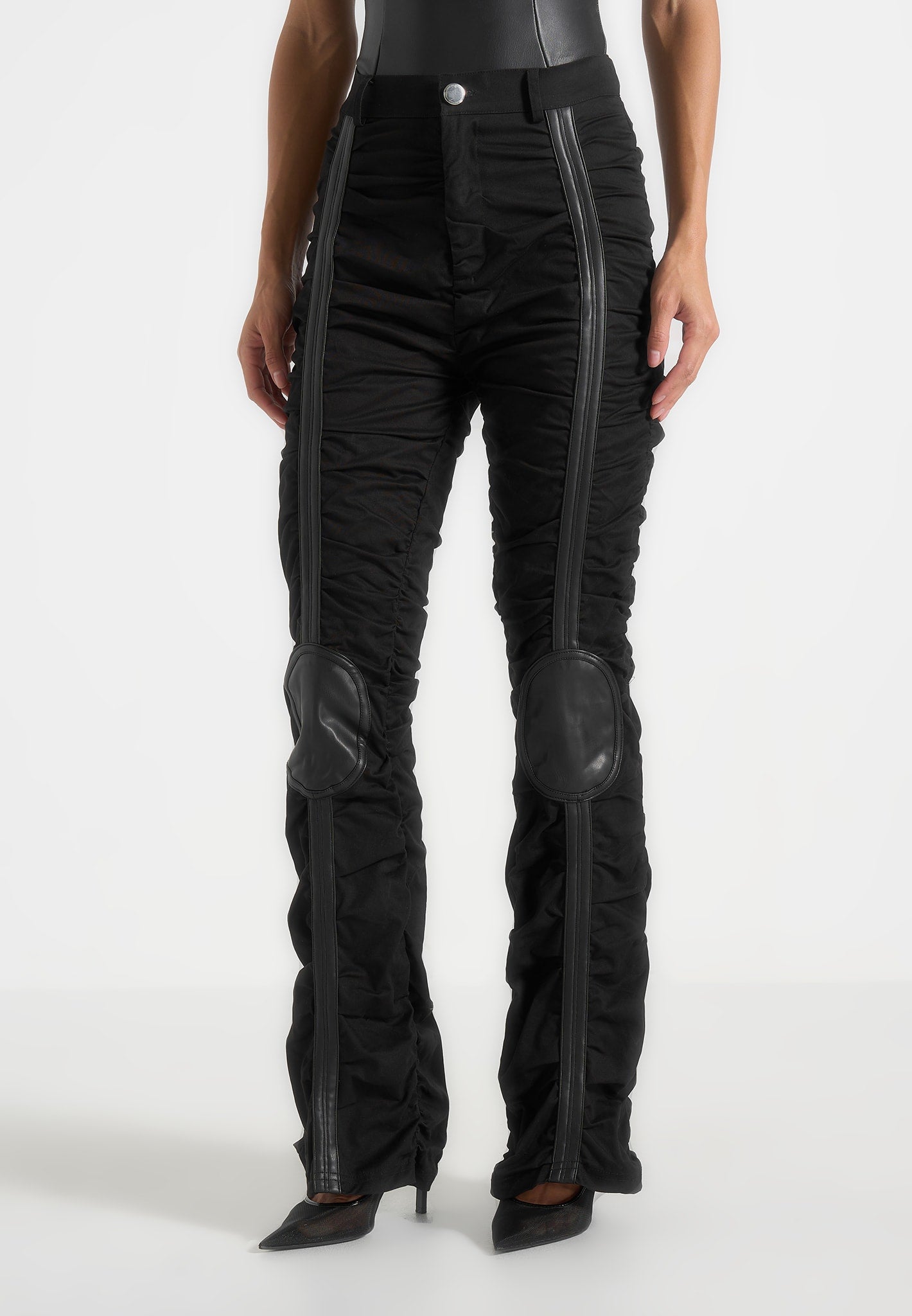 Ruched Trousers with Knee Patch - Black 