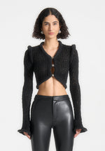 flared-sleeve-textured-knit-cardigan-black