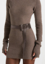 Kalia - Roll Neck Knitted Mini Dress With Belt - Taupe