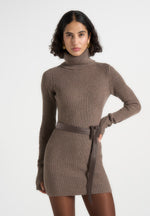 Kalia - Roll Neck Knitted Mini Dress With Belt - Taupe