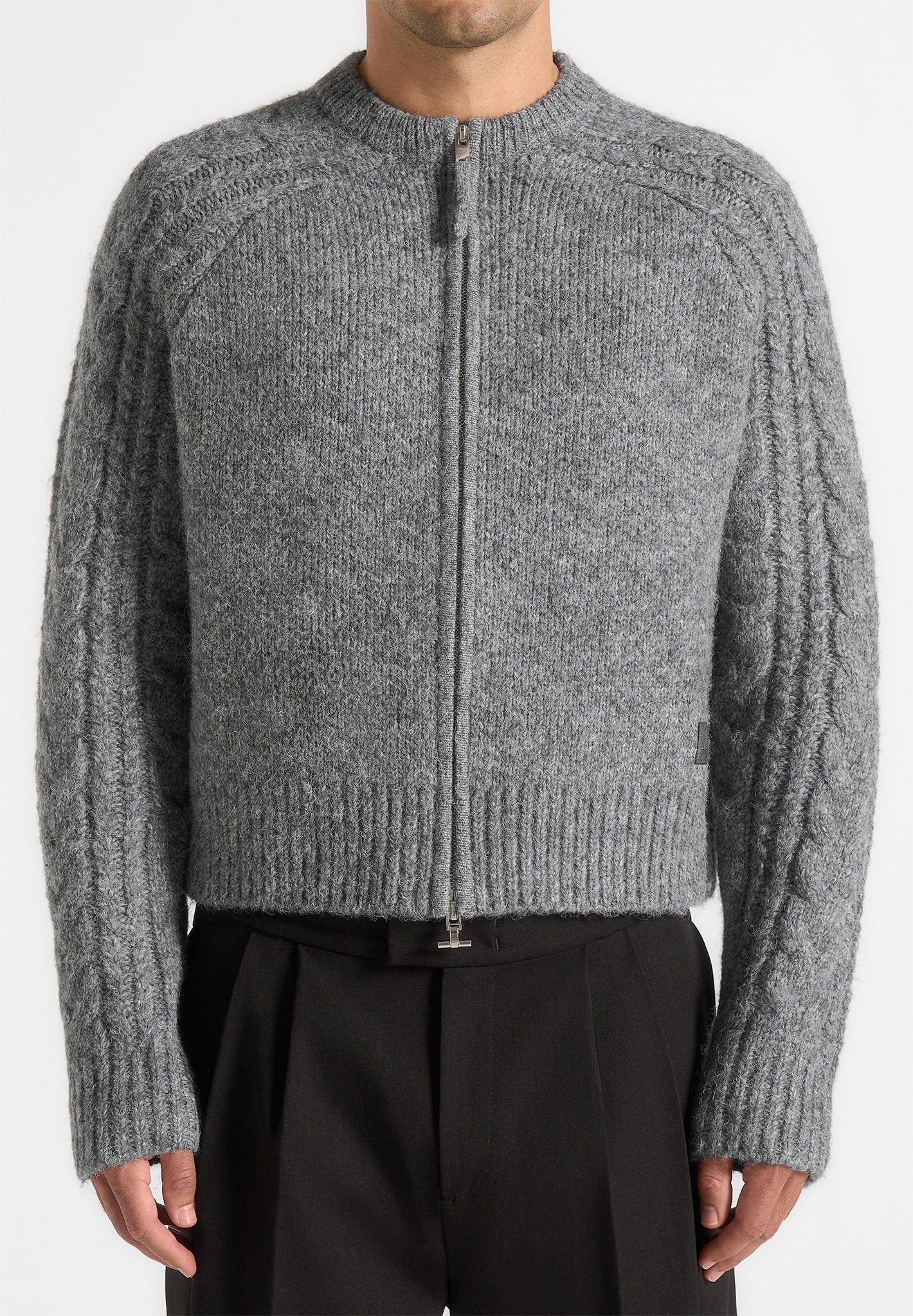 Gaby - Speckled Cable Knit Zip Cardigan - Grey