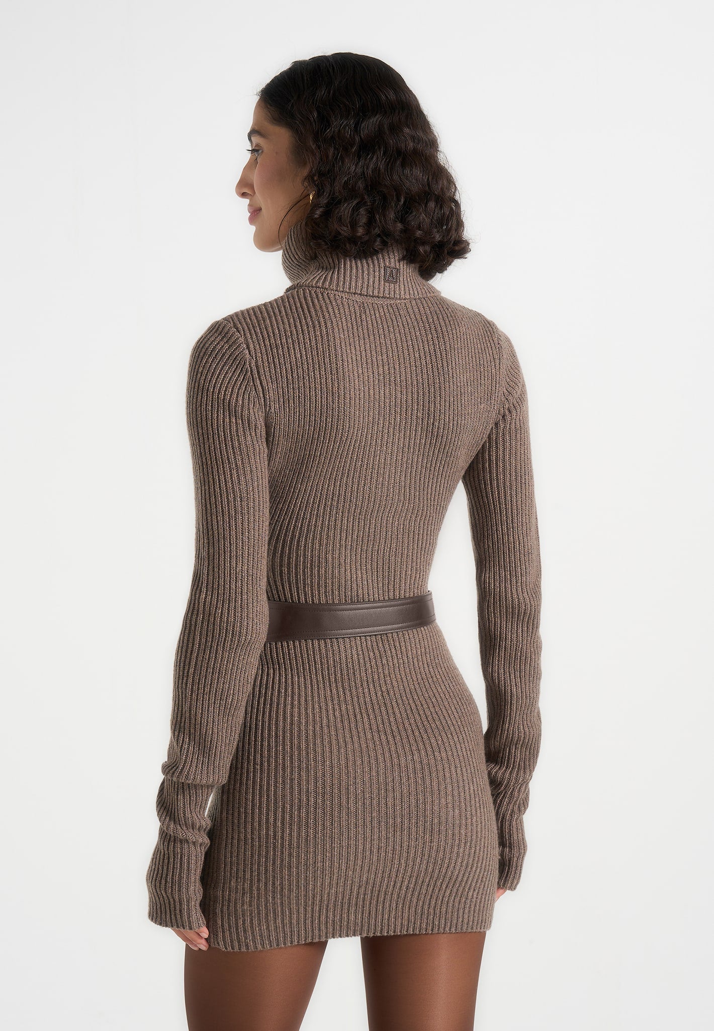 Kalia - Roll Neck Knitted Mini Dress With Belt - Taupe