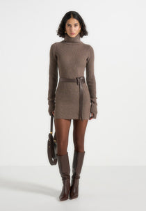 Kalia - Roll Neck Knitted Mini Dress With Belt - Taupe