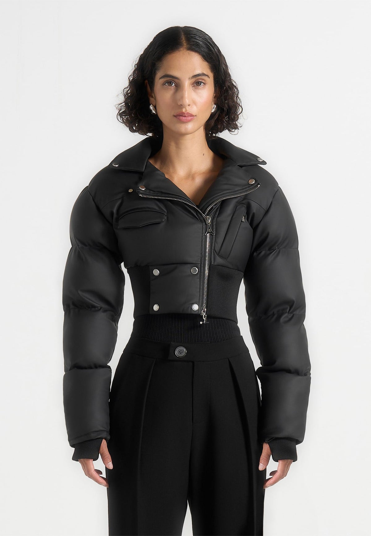 Dalya - Matte Cropped Biker Puffer Jacket - Black