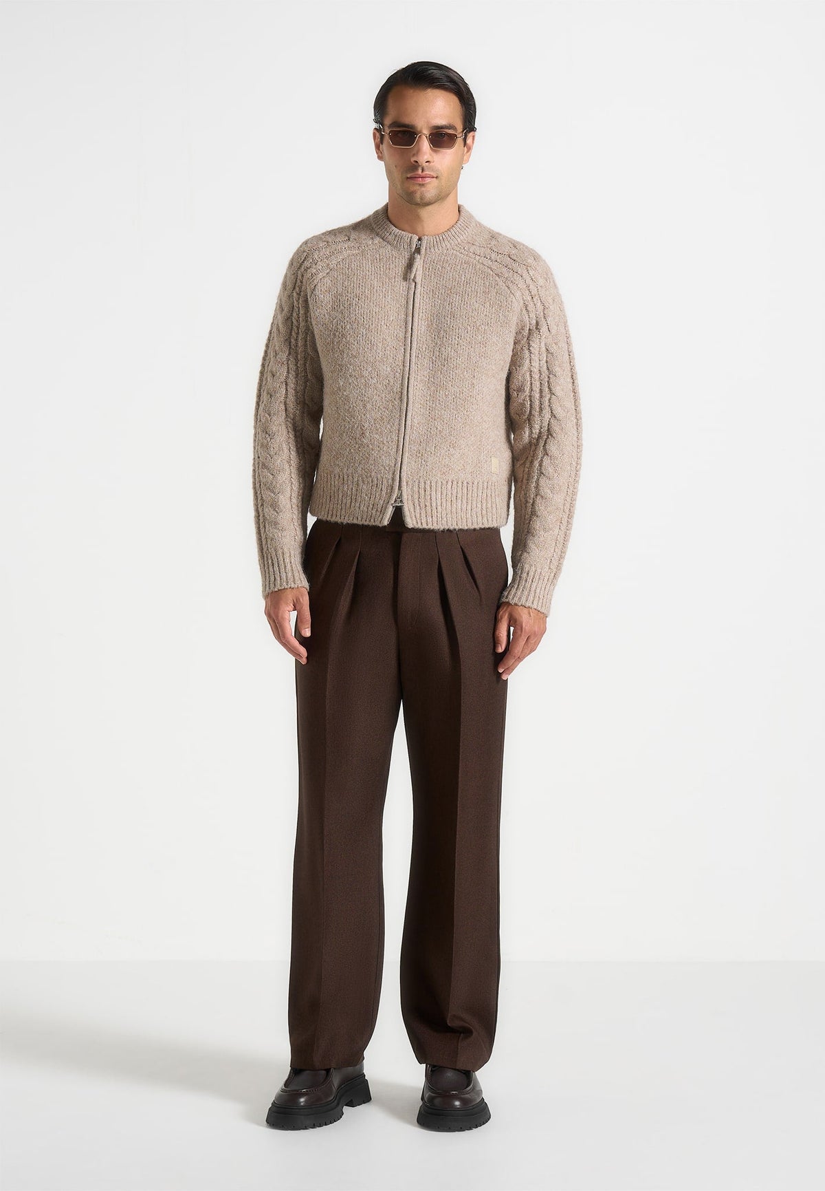 Gaby - Speckled Cable Knit Zip Cardigan - Beige
