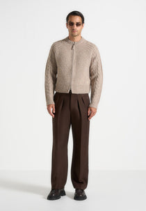 Gaby - Speckled Cable Knit Zip Cardigan - Beige