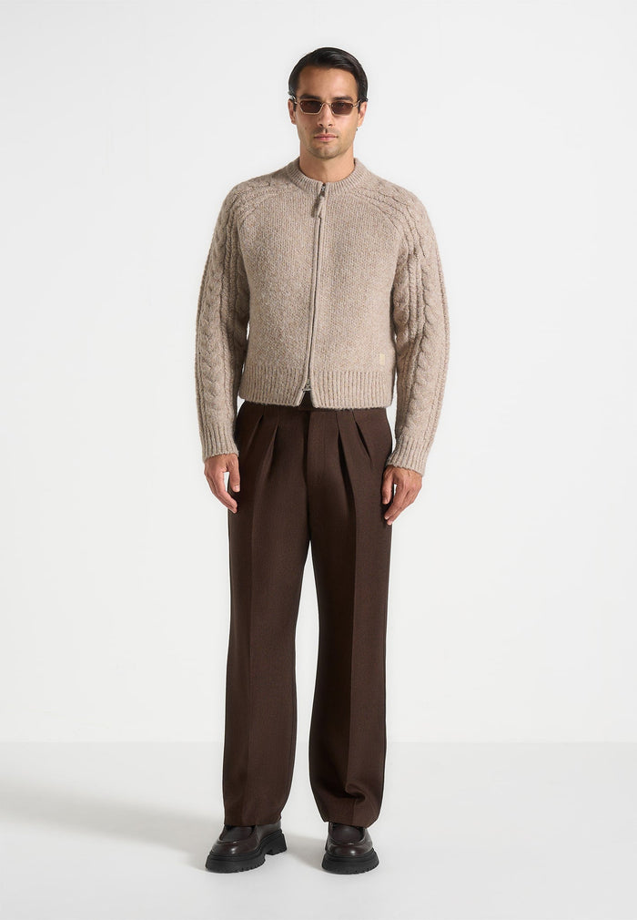 Gaby - Speckled Cable Knit Zip Cardigan - Beige