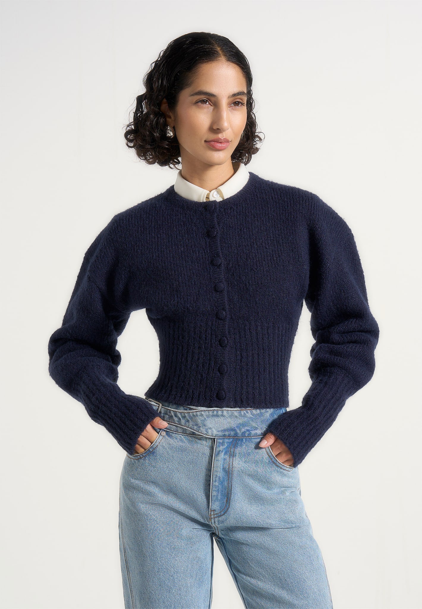 Mayla - Wool-Blend Knitted Cinch Waist Cardigan - Navy | Manière