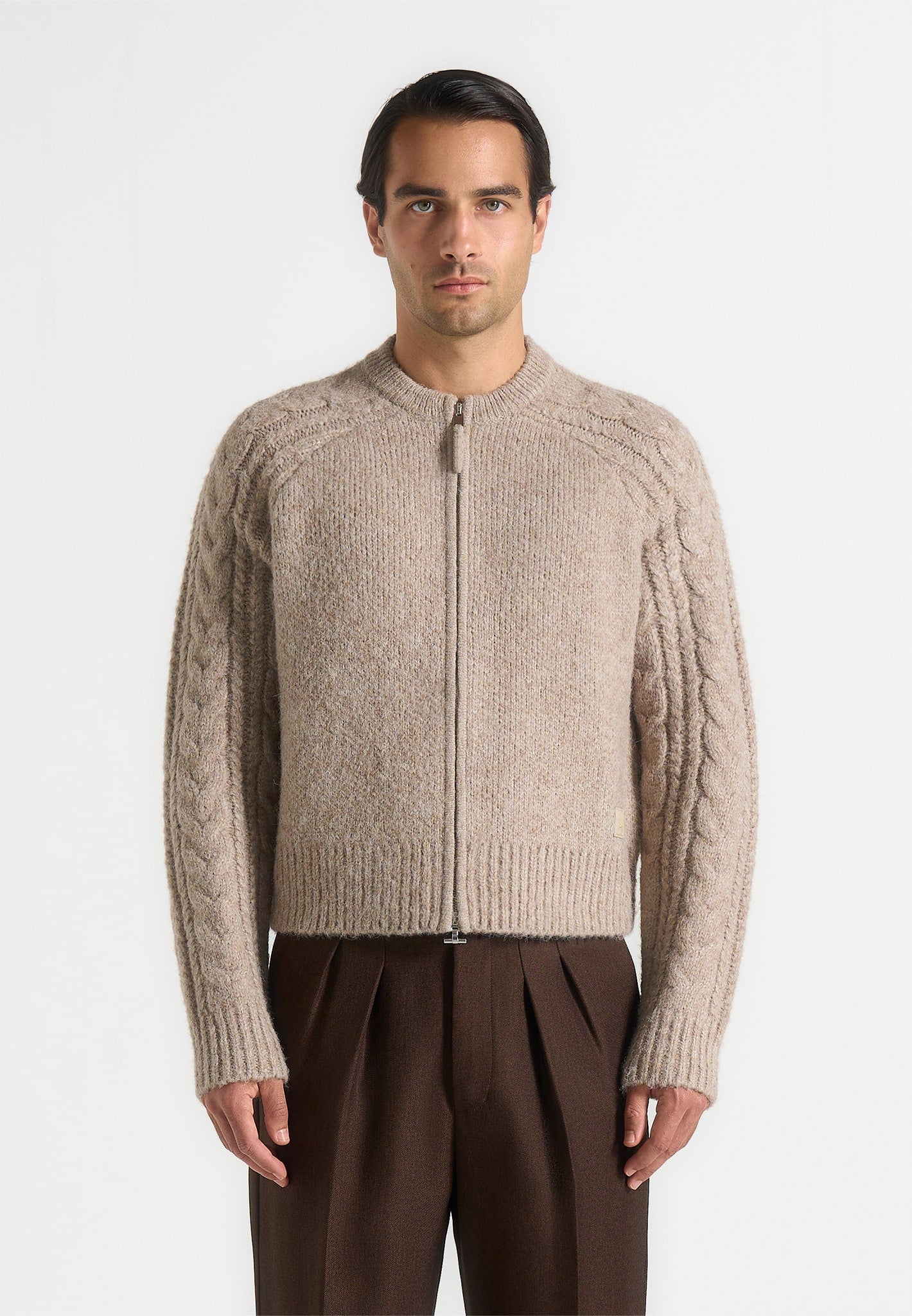 Gaby - Speckled Cable Knit Zip Cardigan - Beige