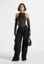 Emilie - Drill High Waisted Cargo Pants - Black