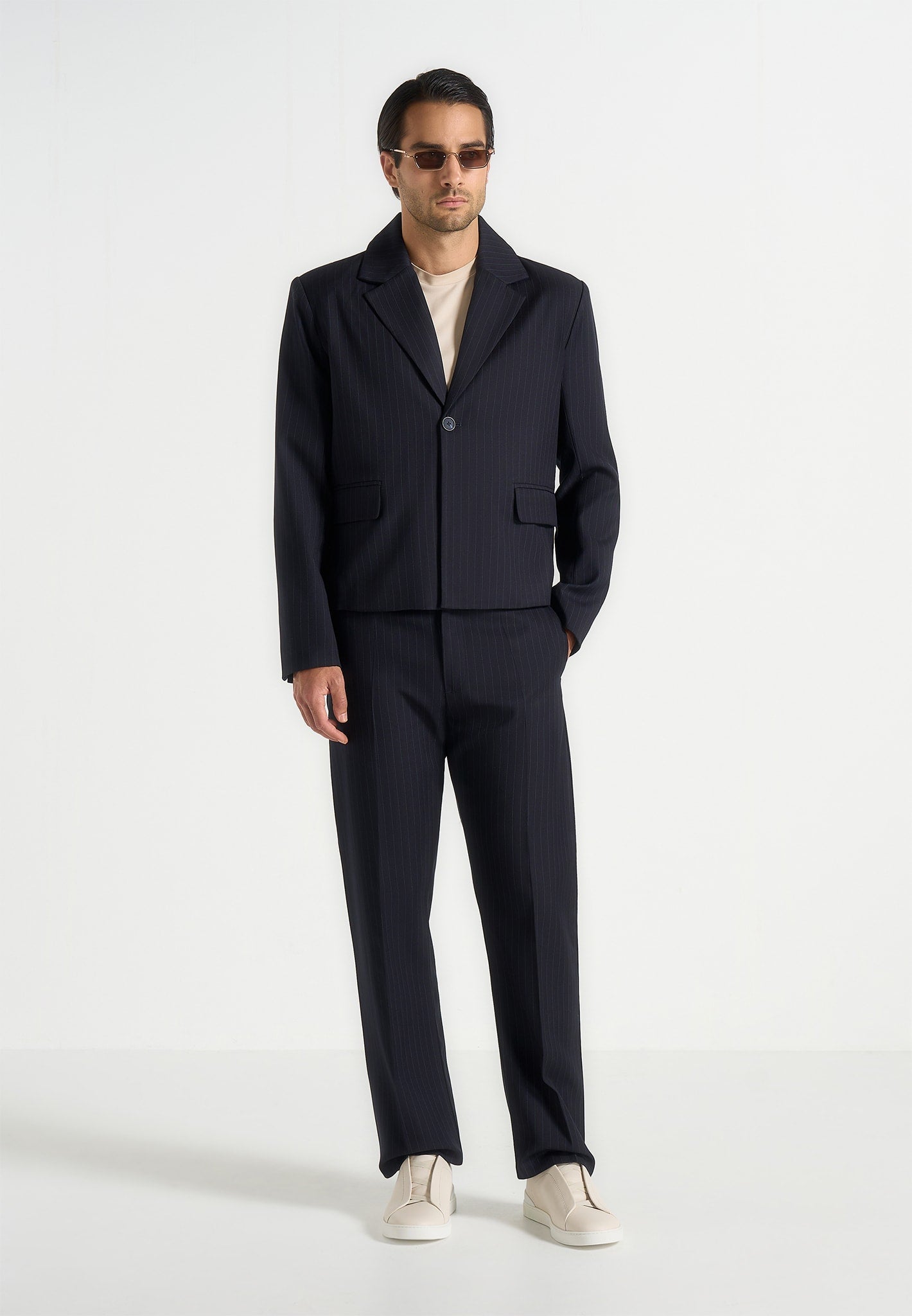 Silas - Pinstriped Tailored Cropped Blazer - Navy 