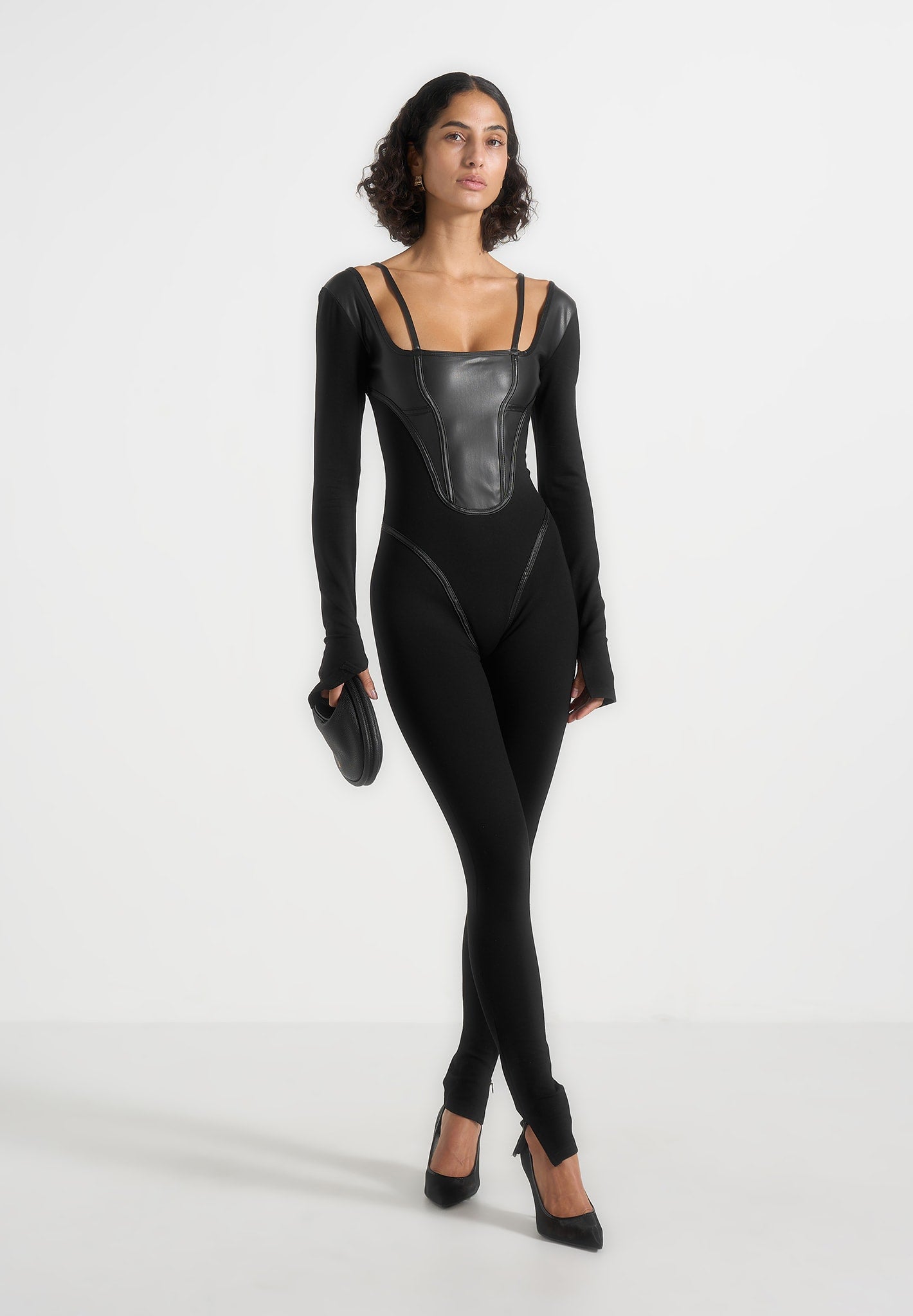 Leather and Bandage Corset Jumpsuit - Black 