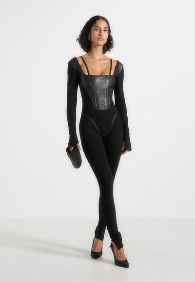 Leather and Bandage Corset Jumpsuit - Black