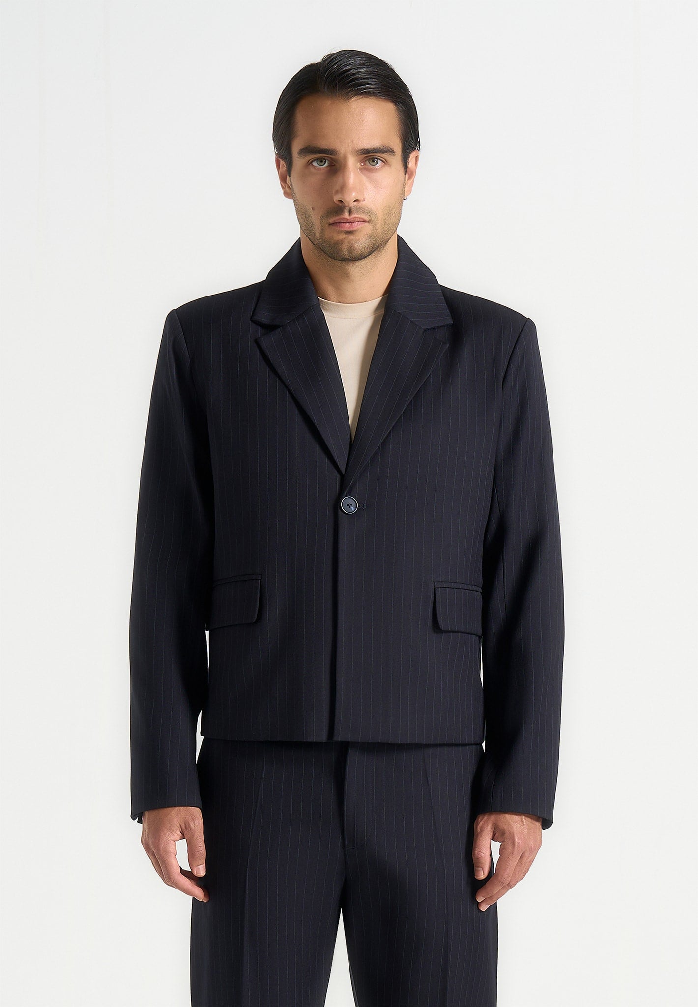 Silas - Pinstriped Tailored Cropped Blazer - Navy 