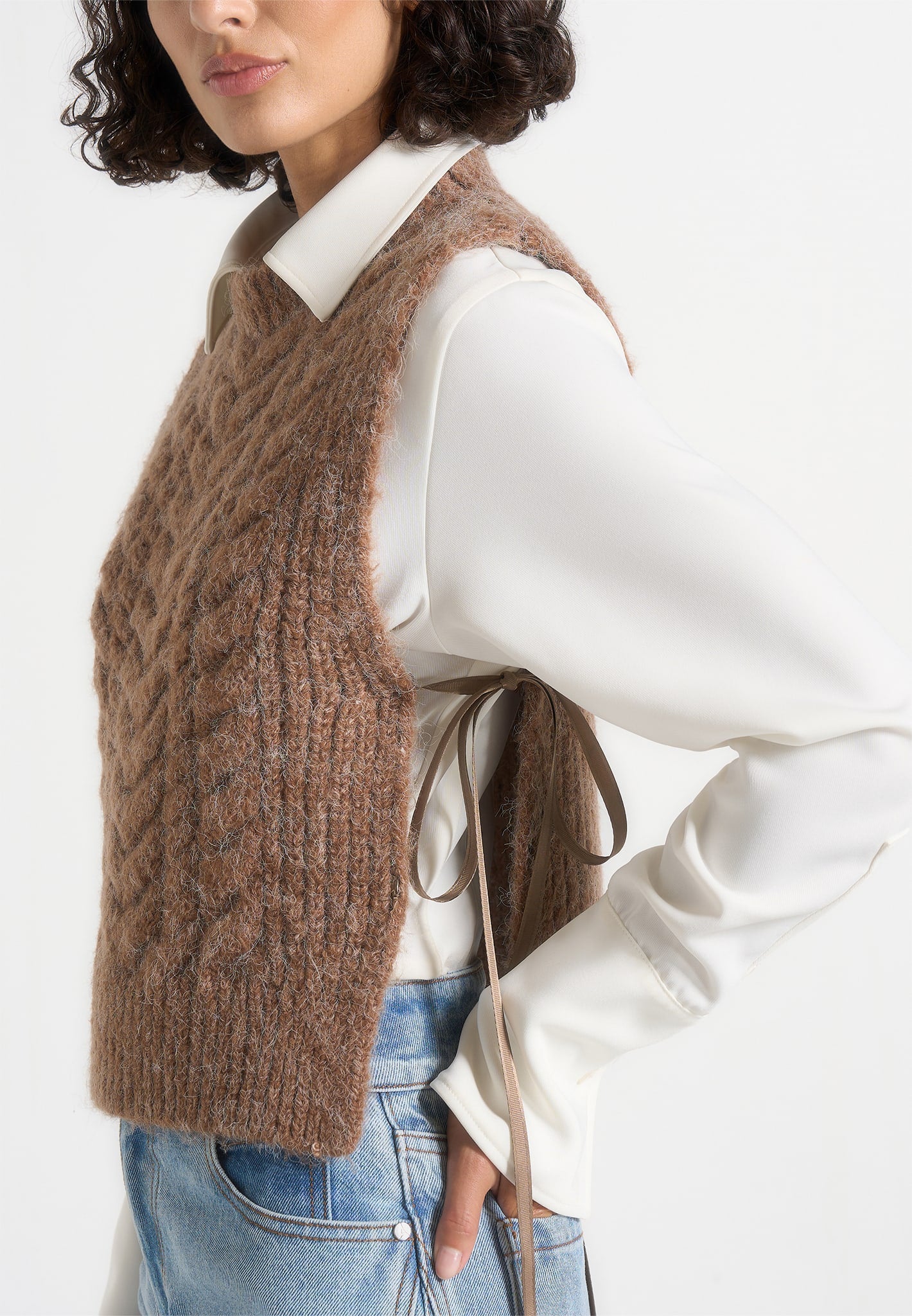Danya - Wool Cable Knit Vest With Ties - Taupe 
