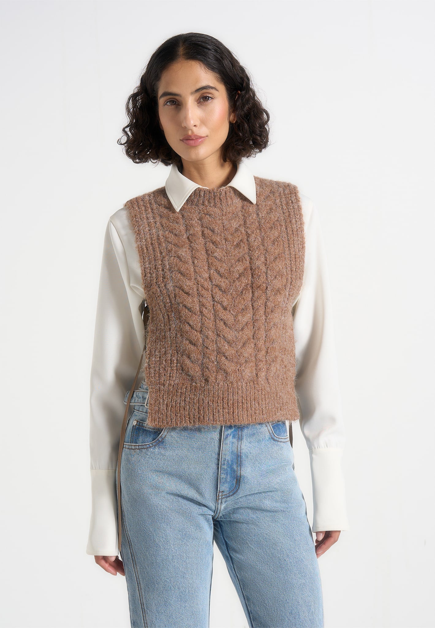 Danya - Wool Cable Knit Vest With Ties - Taupe 