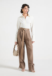 Suzanne - Tailored Trousers with Oversized Belt and Ankle Ties - Taupe