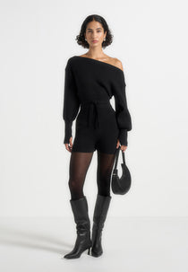 Raya - Off Shoulder Knitted Playsuit With Belt - Black