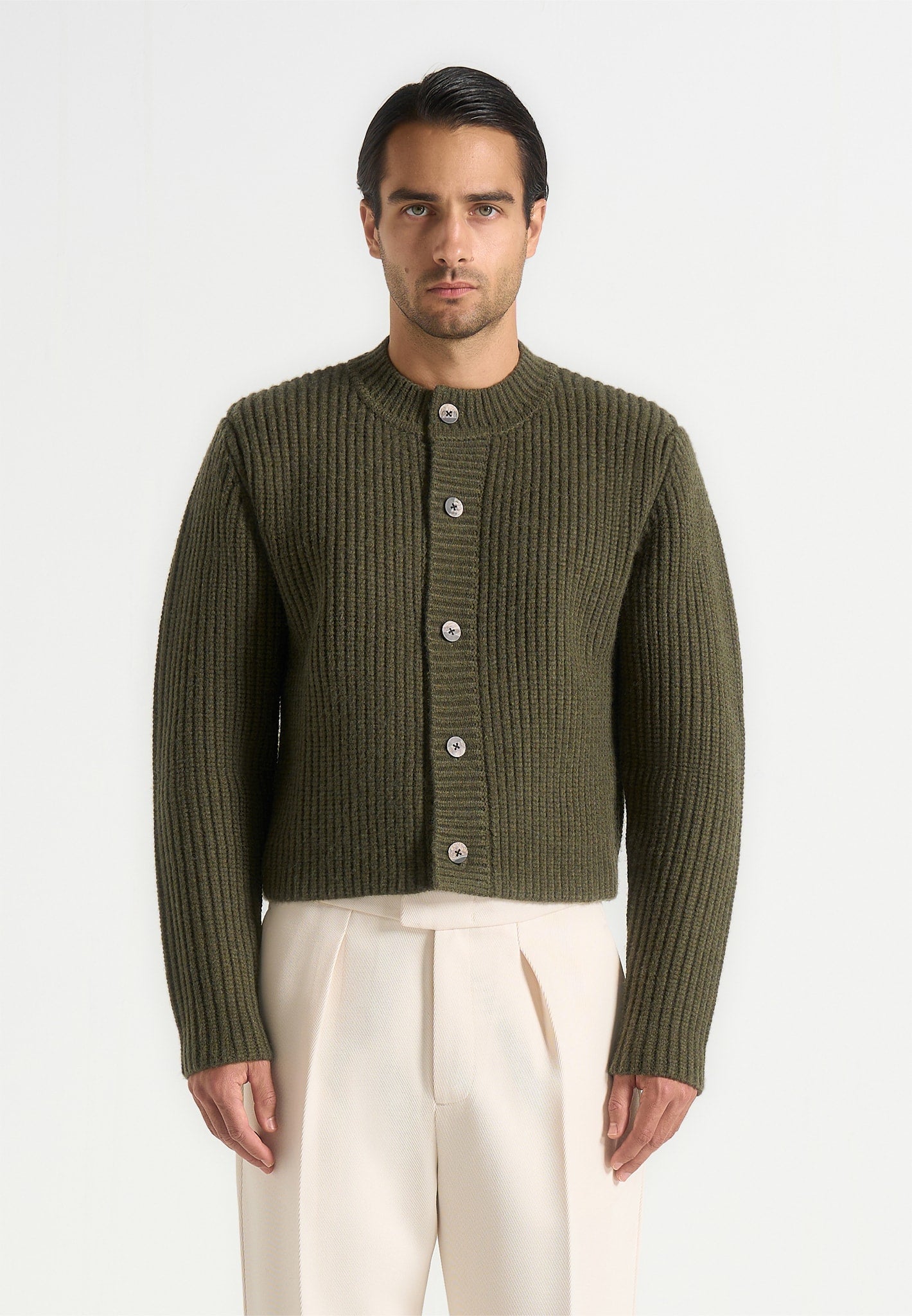Alix - Unisex Crewneck Ribbed Knit Cardigan - Olive 