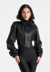 Solange - Leather Tacked Sleeve Corset Jacket - Black