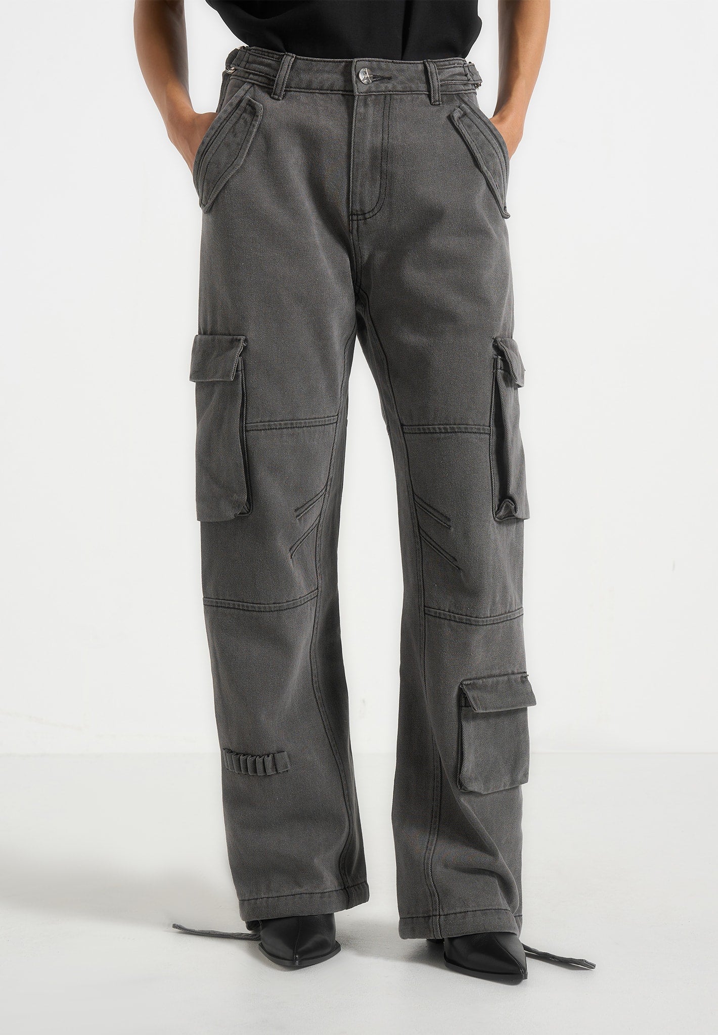 Mid Rise Cargo Pants - Washed Grey