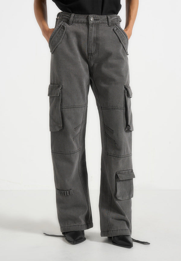 Mid Rise Cargo Pants - Washed Grey
