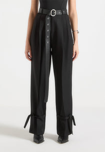 Suzanne - Tailored Trousers with Oversized Belt and Ankle Ties - Black
