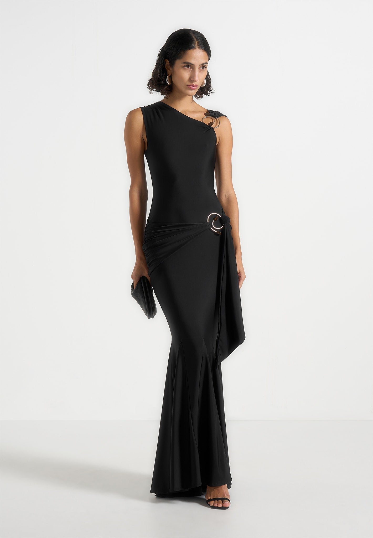 Rania - Asymmetric Draped Midaxi Dress - Black 