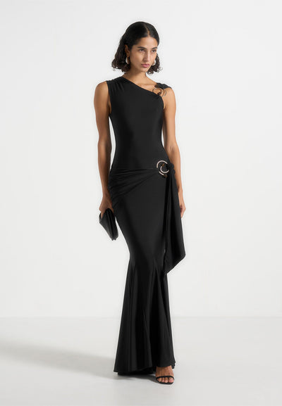 Rania - Asymmetric Draped Midaxi Dress - Black