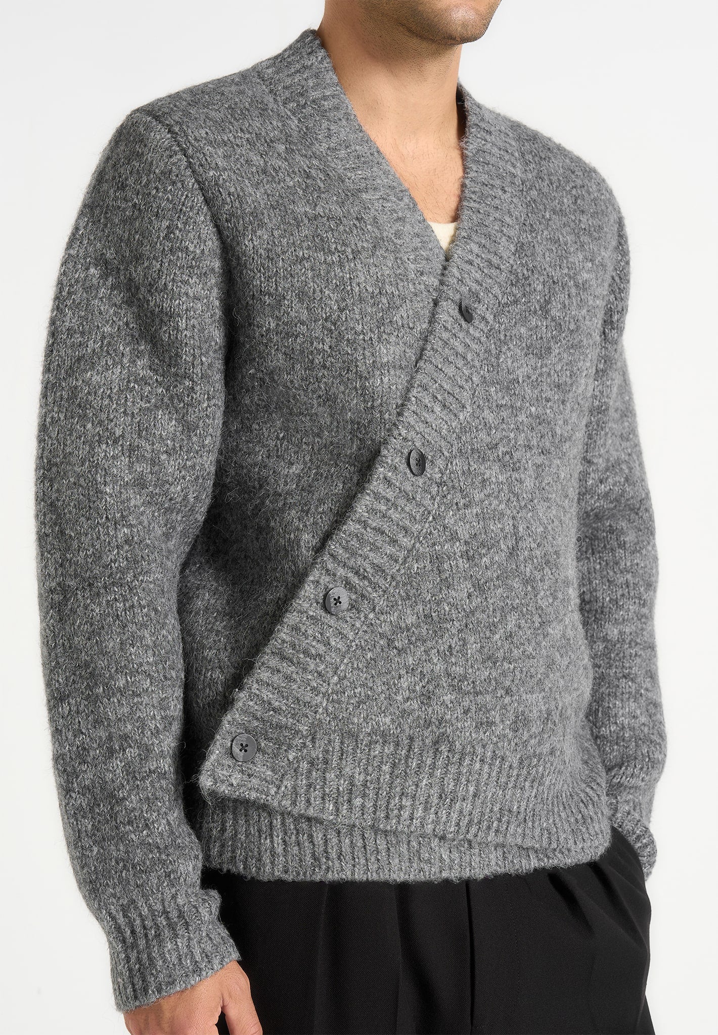 Dani - Unisex Asymmetric Brushed Wool Knit Cardigan - Grey