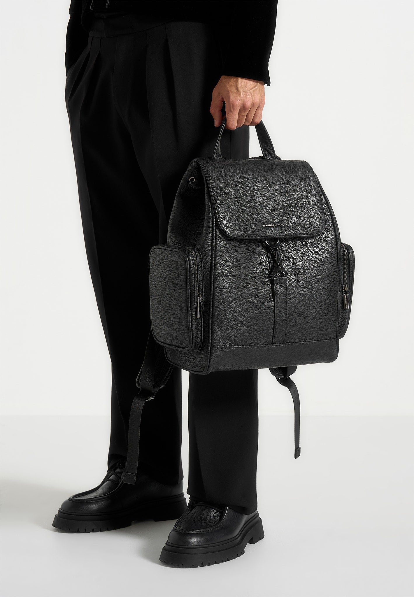 Maloe - Pebbled Leather Eiffel Clasp Backpack - Black 