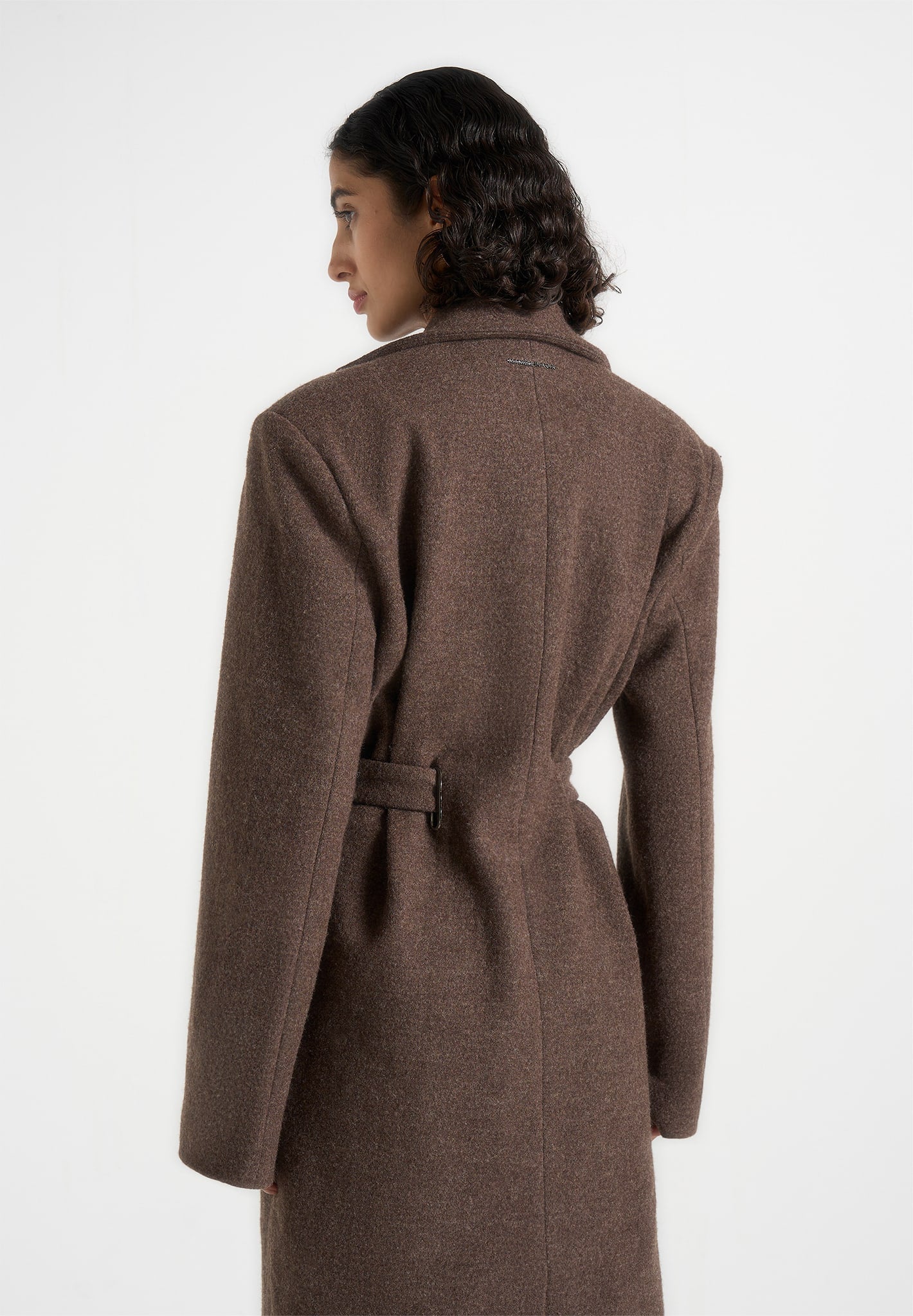 Jena - Wide Shoulder Wool Coat with Cinch Belt - Brown 