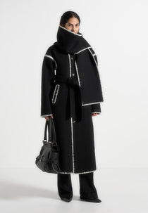 Elora - Wool Blanket Stitch Belted Longline Coat - Black