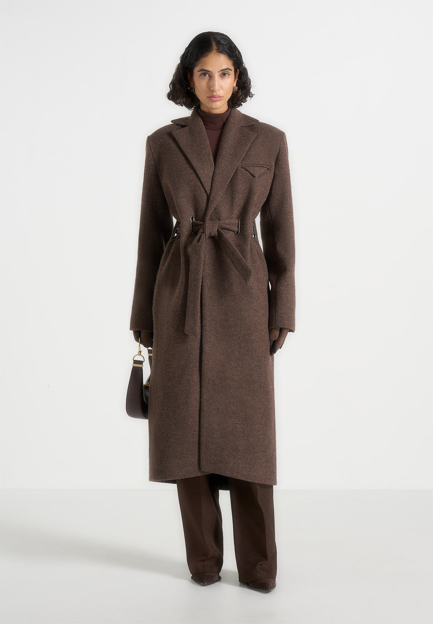 Jena - Wide Shoulder Wool Coat with Cinch Belt - Brown 