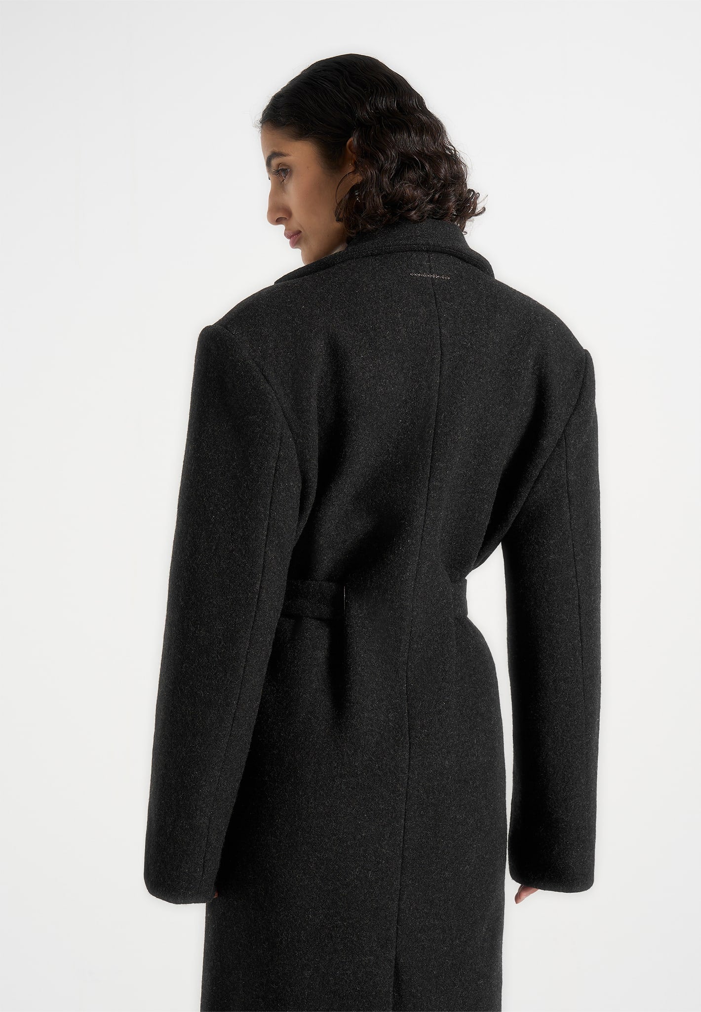 Jena - Wide Shoulder Wool Coat with Cinch Belt - Black 