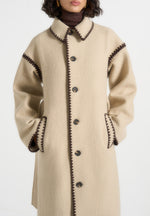 Elora - Wool Blanket Stitch Belted Longline Coat - Beige