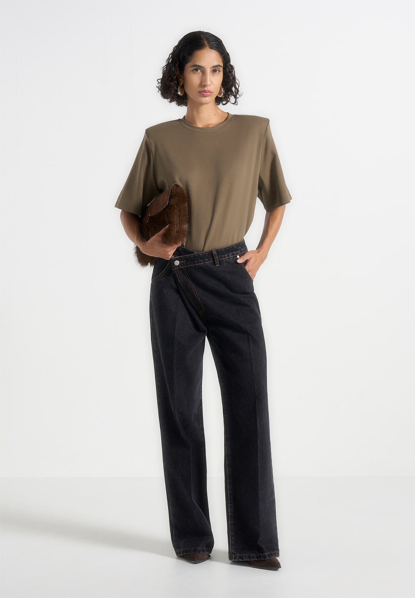 Mia - Wide Shoulder Bodysuit T-Shirt - Olive 