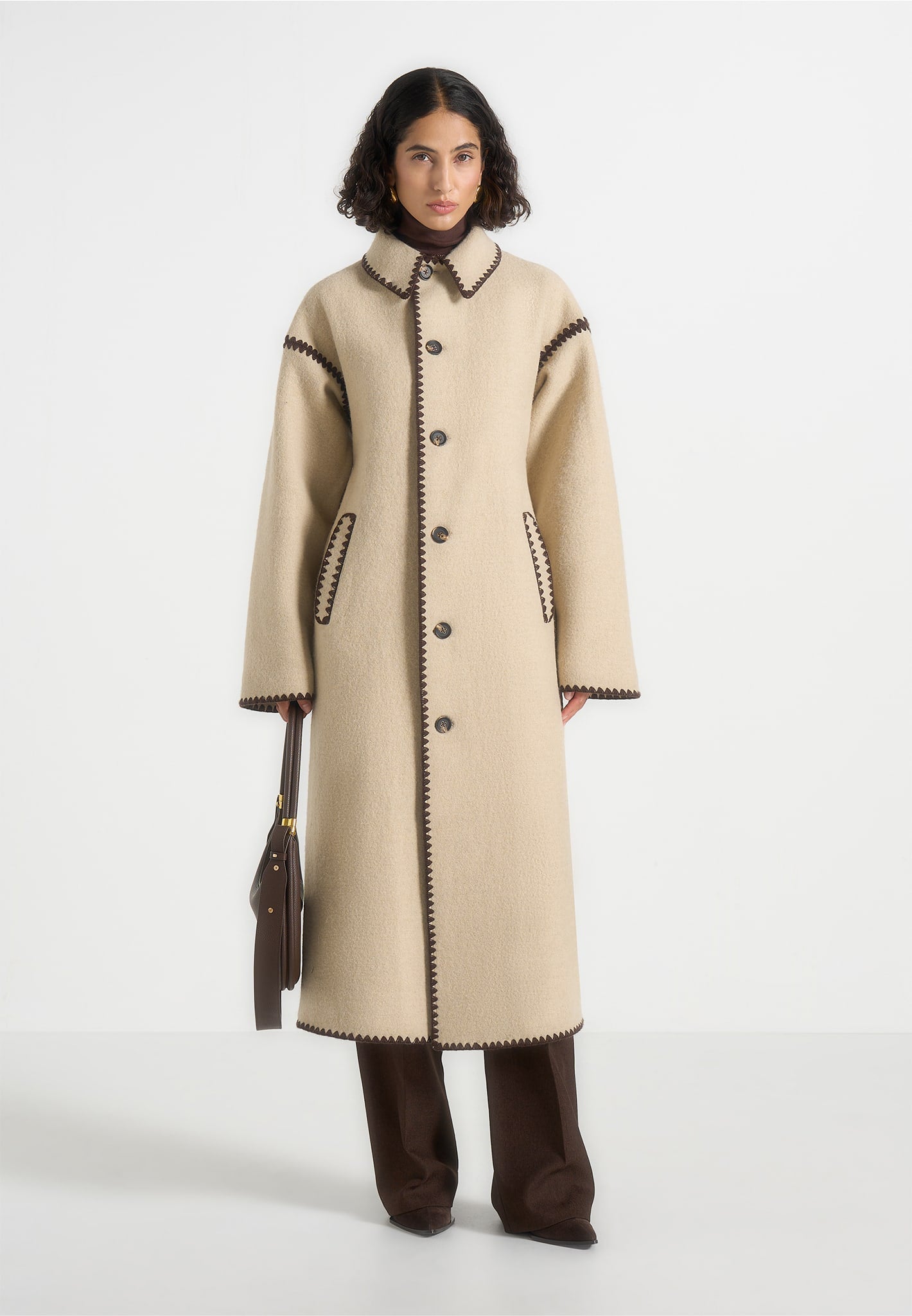 Elora - Wool Blanket Stitch Belted Longline Coat - Beige