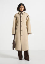Elora - Wool Blanket Stitch Belted Longline Coat - Beige